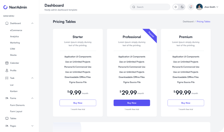 Pricing Tables